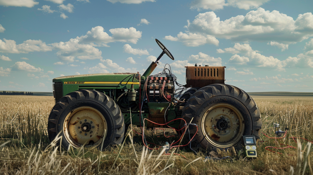 Deere 4520 tractor with a malfunctioning electrical system: dim or flickering lights, disconnected wires, and a multimeter testing the battery voltage.