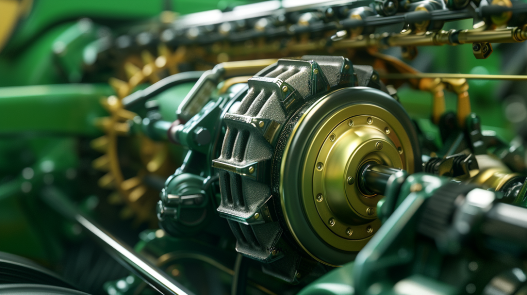 John Deere 5085E tractor with a close-up view of the transmission system. Showing the gears, clutch, and fluid levels for a blog post on Transmission Slipping Problems.