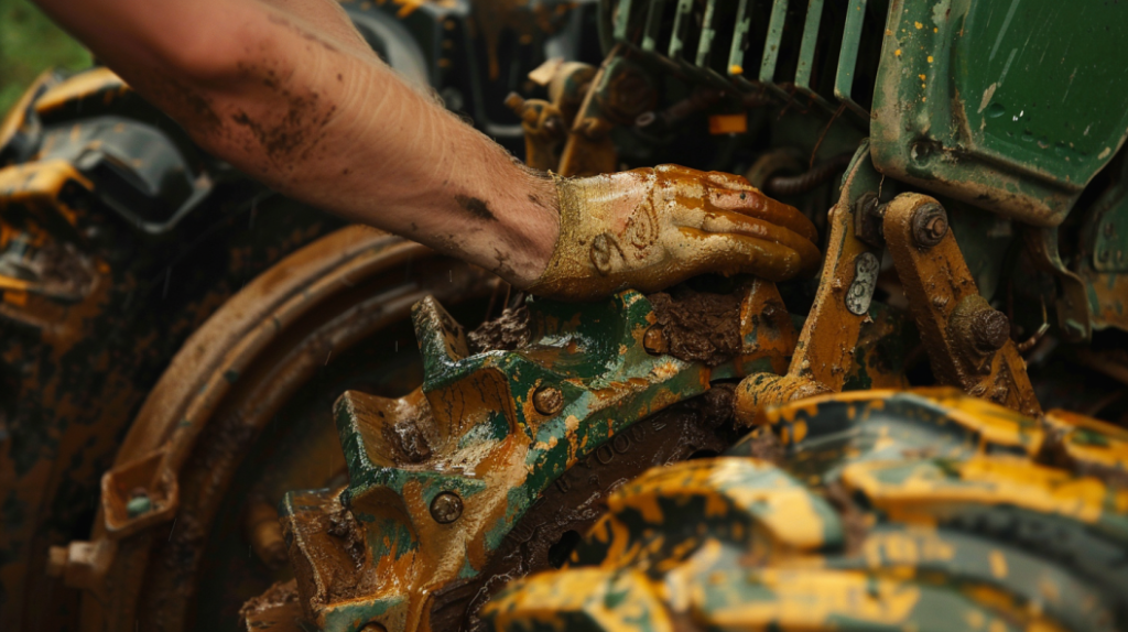 John Deere 850 tractor with a close-up of the transmission area showing a leaking seal, worn gears, and a mechanic hand holding a repair tool, surrounded by spare parts.