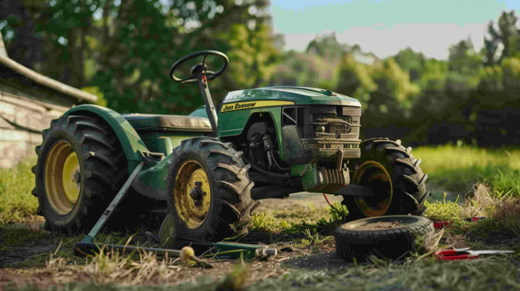 John Deere D130 riding mower with a flat tire, clogged air filter, and a disconnected spark plug wire. Showing tools like a tire pump, air filter, and spark plug wrench nearby.