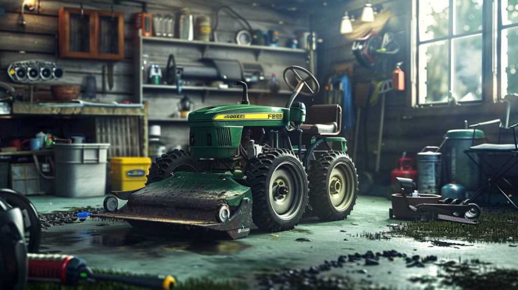 John Deere F525 riding mower with visible issues such as clogged air filter, worn-out blades, and leaking oil. Shoing tools nearby for troubleshooting and repair.