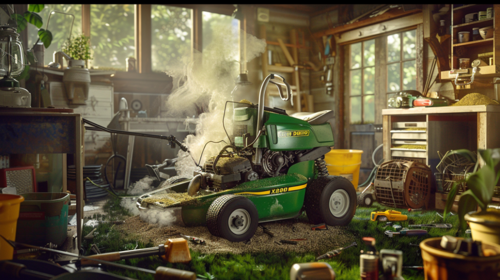John Deere X304 riding lawn mower with a smoking engine, surrounded by scattered tools. Shows a frustrated person scratching their head, and a second person offering a toolbox with solutions.