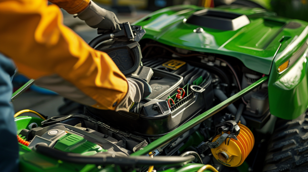 John Deere X330 lawn mower with the engine hood open, showing a mechanic inspecting the spark plugs, air filter, and fuel lines for troubleshooting and maintenance.