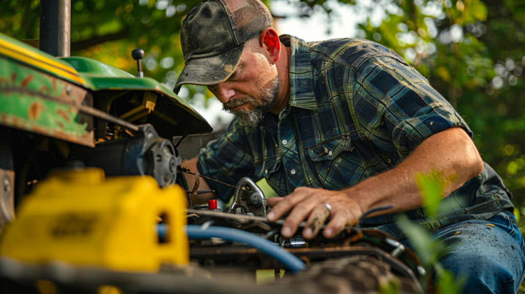 a mechanic inspecting a John Deere 3035D mower deck, pointing out rusted or damaged areas. Showing tools and replacement parts nearby, highlighting repair suggestions for decks.