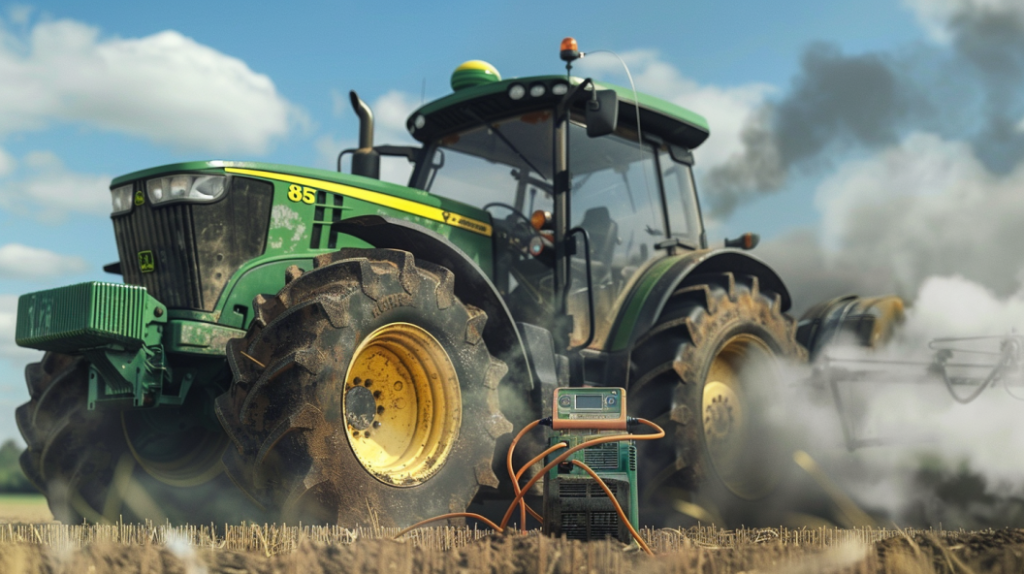 John Deere 855 tractor with a steering issue - such as a loose steering wheel or misaligned front wheels. Including details like a frustrated farmer inspecting the steering mechanism.