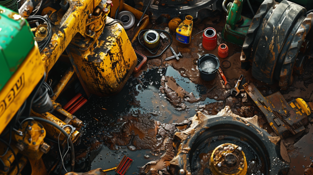  a person struggling to change a John Deere Easy Change oil filter, with spilled oil and a confused expression. Showing various tools and parts scattered around for troubleshooting.