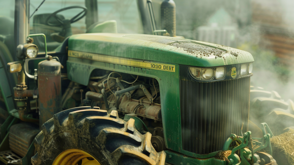 showcasing a John Deere 1050 tractor with steam billowing from the engine area. Including a mechanic inspecting the radiator, hoses, and coolant levels.