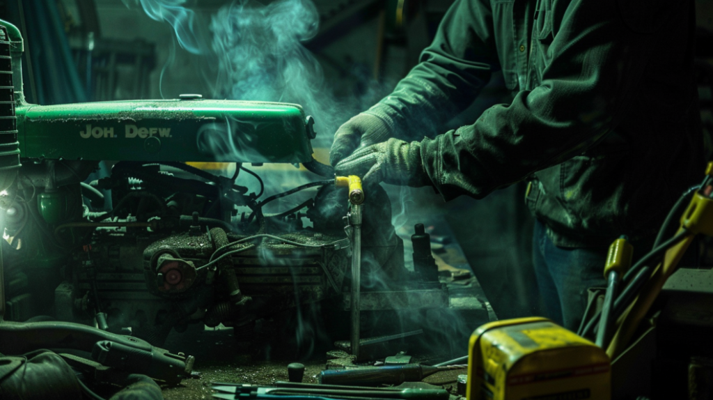 John Deere 2955 tractor with a visibly overheated engine, emitting smoke, surrounded by tools, mechanic's hands, and diagnostic equipment. 