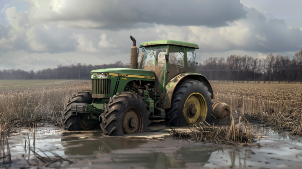 John Deere 3025D tractor with visible signs of electrical system malfunctions, such as flickering lights, disconnected wires, and a dead battery. Conveying the need for troubleshooting and maintenance.