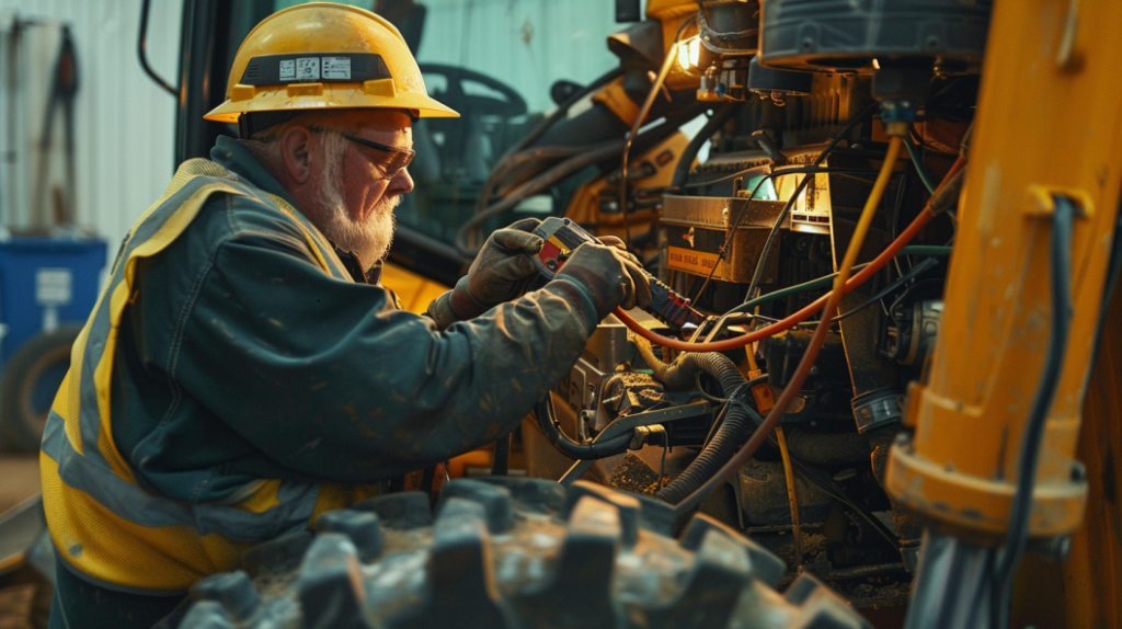 John Deere 323E compact track loader with visible electrical malfunctions. Including a burnt wire harness, flickering dashboard lights, and a technician diagnosing the issues with a multimeter.