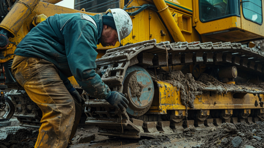 John Deere 323E compact track loader with a visibly damaged or loose track, a close-up of a worn-out track tensioner, and a mechanic inspecting the undercarriage for track system problems. 