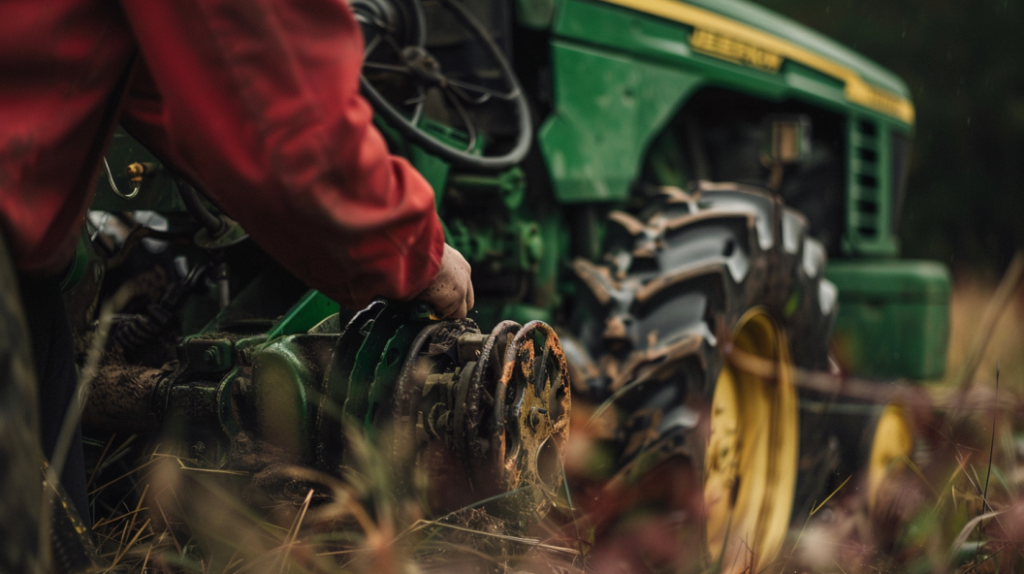 John Deere 3320 tractor with a transmission issue. Focusing on a close-up of the transmission area with visible leaks, damaged components, and a mechanic inspecting the problem.