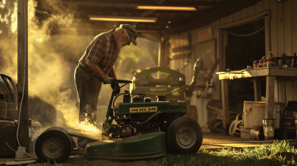 John Deere 345 lawnmower with a smoking exhaust, dirty air filter, and spark plug issues. Includes a mechanic diagnosing and fixing the engine performance problems.