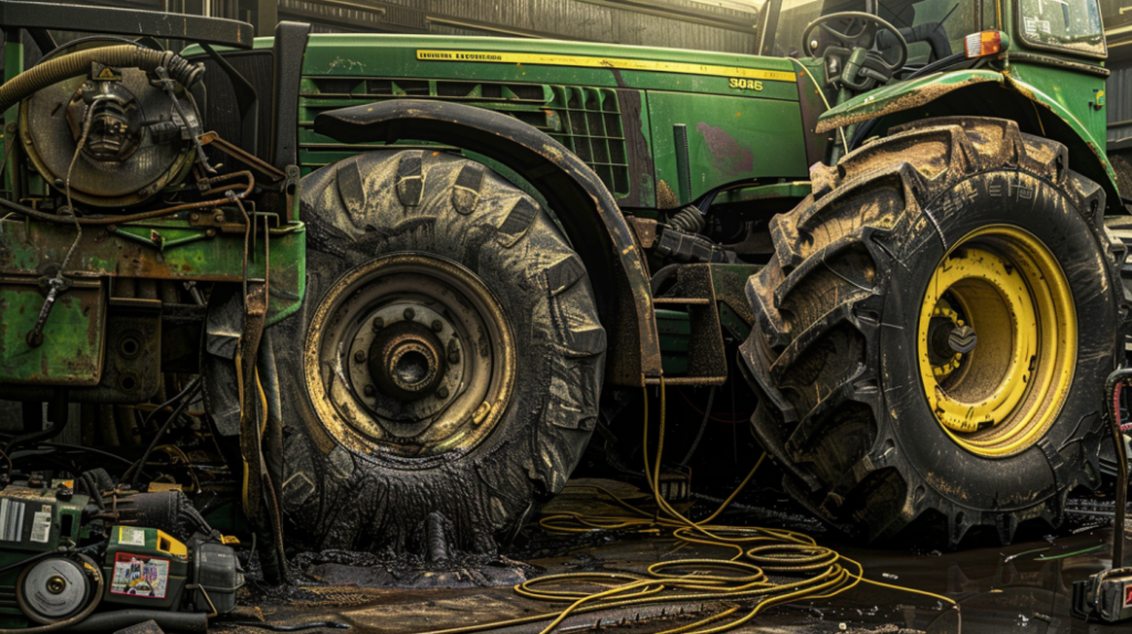 John Deere 345 tractor with a leaking hydraulic hose, visible fluid spill, and a mechanic diagnosing the issue. Including tools and replacement parts nearby