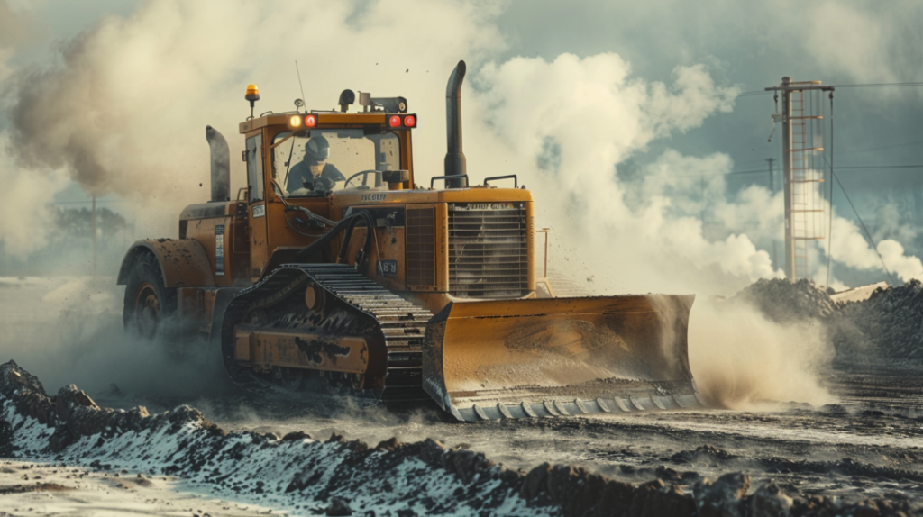 John Deere 350 dozer with visible overheating issues: steam coming from the engine, red warning lights, radiator leaking coolant, and a mechanic inspecting the cooling system. 