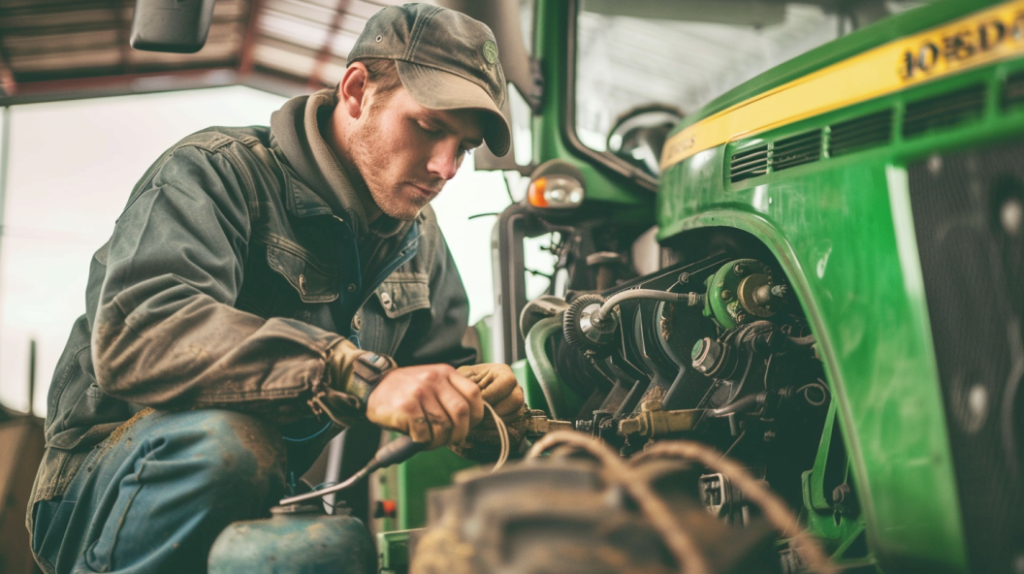 John Deere 4010 tractor with a mechanic inspecting the engine, checking the tires, and examining the electrical system