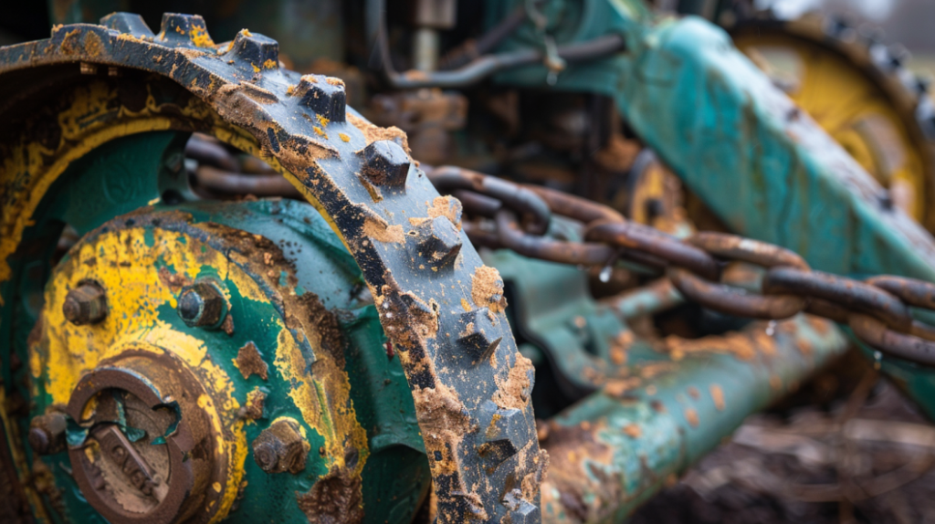 John Deere 4440 tractor with a focus on the brake system. Highlighting brake fluid leaks, worn brake pads, and damaged brake lines for a blog post on common issues and solutions.