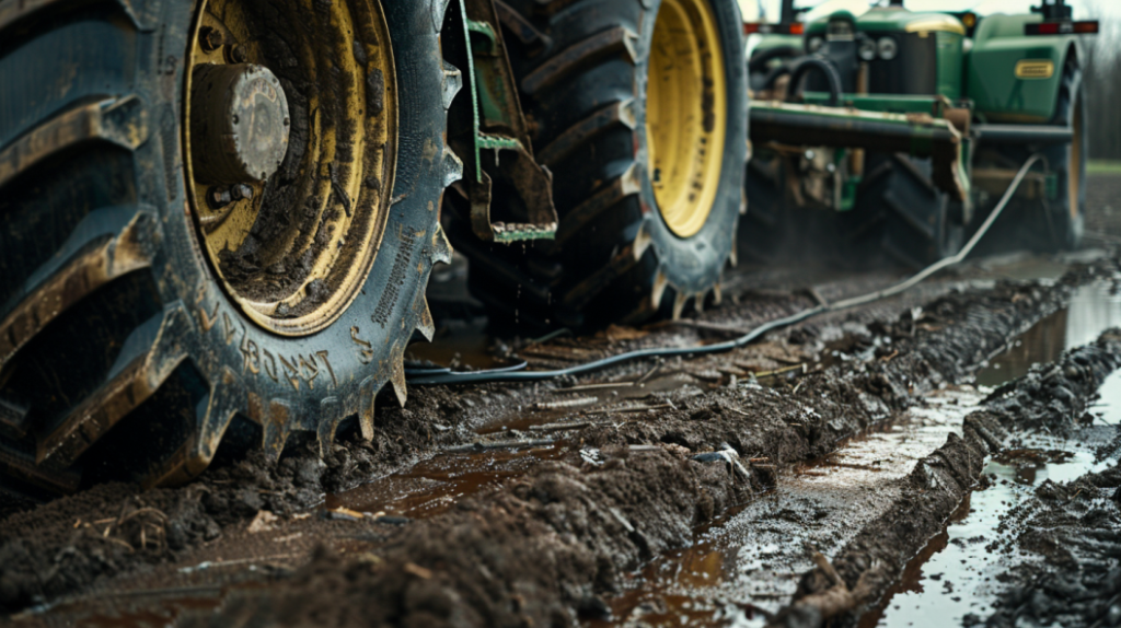 John Deere 4440 tractor with a visible hydraulic leak from a hose connection, emphasizing the location of the leak and potential solutions.