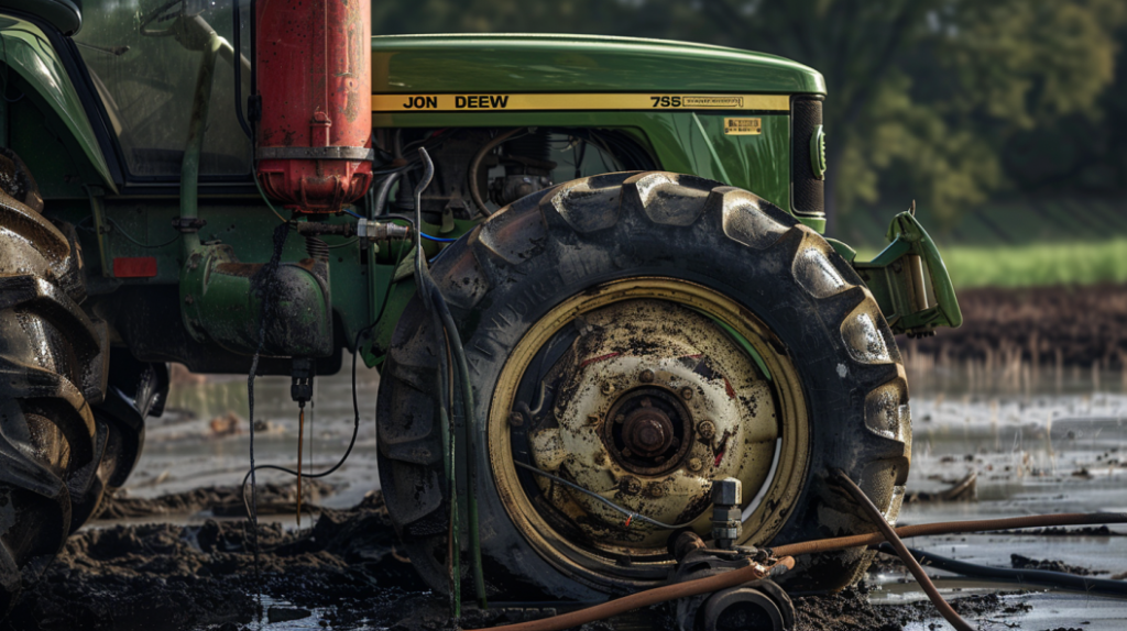 John Deere 755 tractor with a visible hydraulic system. Highlighting leaks, worn hoses, and low fluid levels