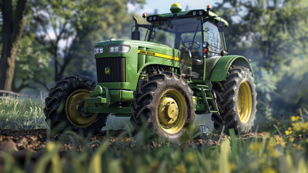 John Deere 850 tractor with a visible engine compartment. Highlights common engine issues like overheating, leaks, and belt problems, alongside tools for fixing.