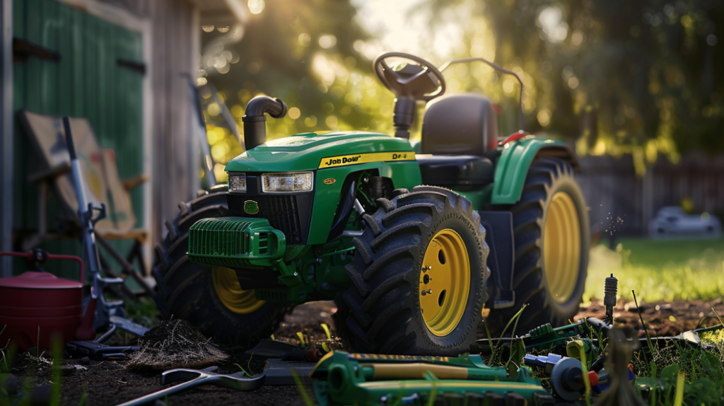 John Deere D130 lawn tractor with a clogged air filter, dirty spark plug, and low tire pressure. Highlighting maintenance tools like a wrench, air compressor, and cleaning brush.