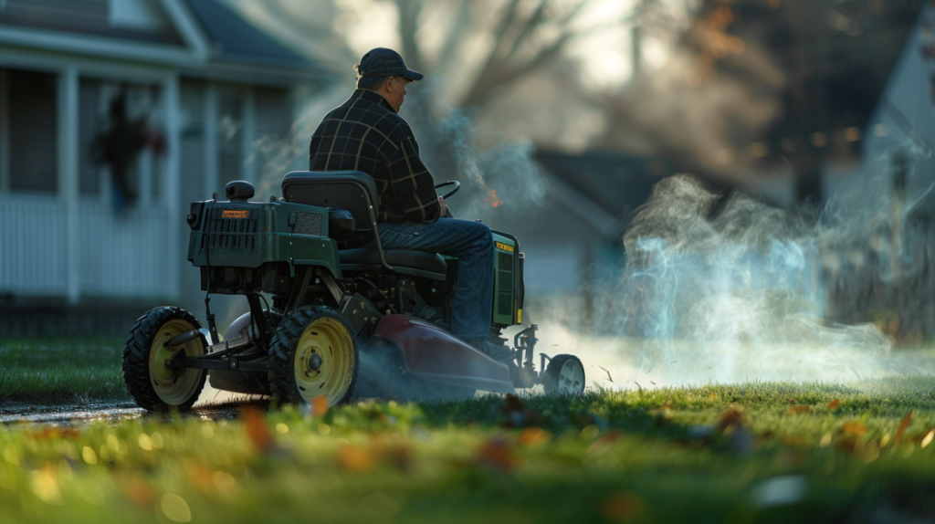 John Deere D130 riding lawn mower with a frustrated owner trying to start the engine. Includes a close-up of the ignition switch and a faint smoke coming from the engine.