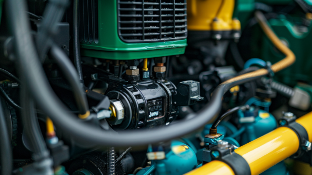 John Deere GT235 lawn tractor with a close-up of fuel system components like fuel filter, fuel pump, and fuel lines