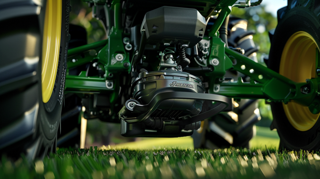 John Deere GT235 lawn tractor with a close-up of the transmission area. Highlighting common transmission issues like slipping, grinding, or leaking fluids