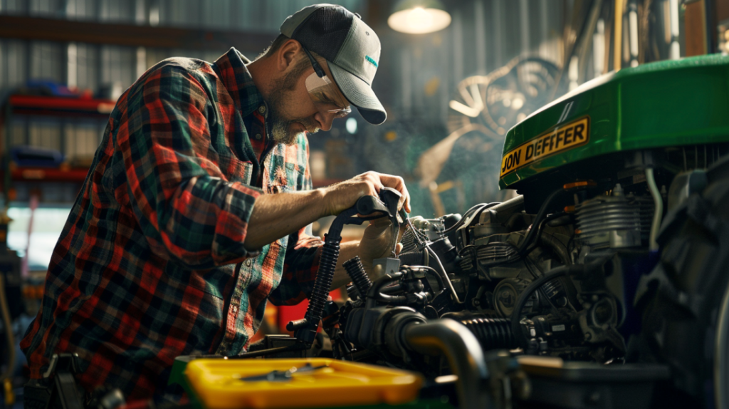 Mechanic with a screwdriver working on a John Deere that is experiencing engine reliability issues.