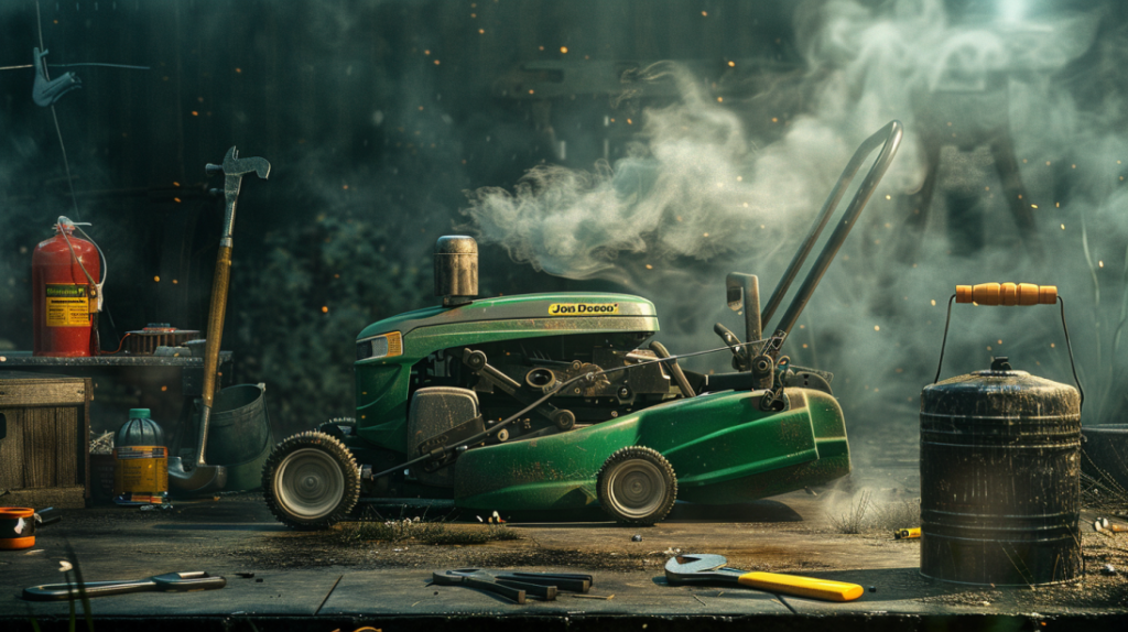 John Deere Z445 lawn mower with smoke coming out of the engine, surrounded by tools like a wrench and oil can, indicating engine problems and solutions.