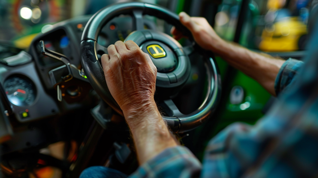 a close-up view of a John Deere Z930M steering wheel with a mechanic's hands holding it, demonstrating troubleshooting or repairing a steering system failure.