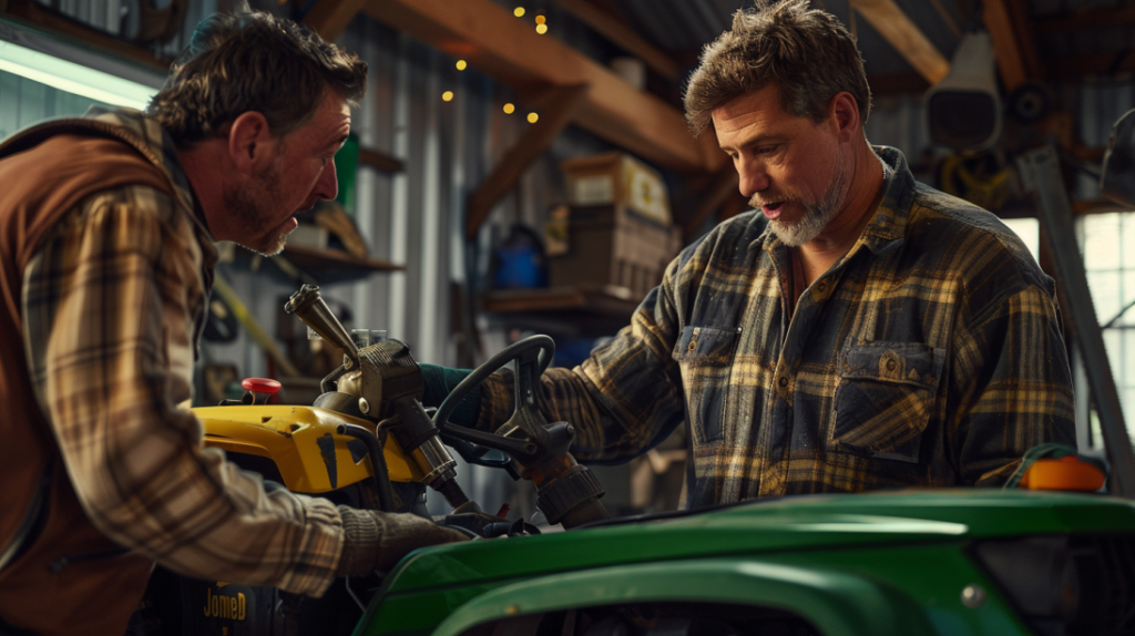 a frustrated owner looking at a broken-down John Deere Gator 835M while a professional technician with a diagnostic toolkit offers assistance. The scene is set in a well-equipped workshop.