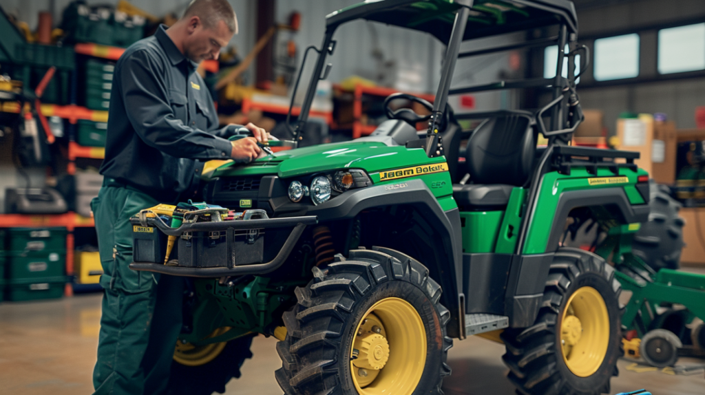 a mechanic fixing a John Deere Gator 835M with a toolbox and spare parts organized neatly nearby, emphasizing practical solutions for common user complaints. 