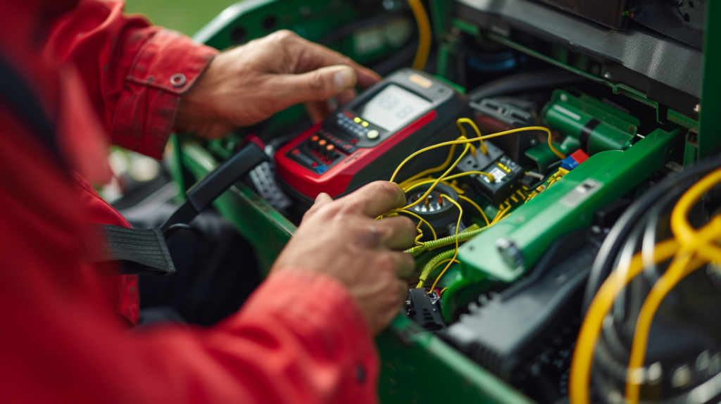a mechanic using a multimeter to test the battery, fuses, and wiring of a John Deere X390 riding mower. Include the mechanic checking connections and diagnosing electrical issues.