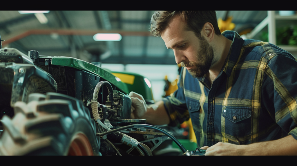 a mechanic using diagnostic tools to troubleshoot electronic malfunctions on a John Deere Z950M mower, highlighting the process of identifying and resolving issues.