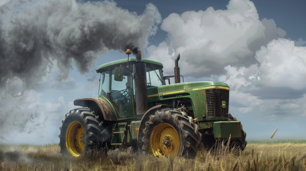 John Deere 1050 tractor with a smoking exhaust, dirty air filter, and clogged fuel injectors, highlighting common engine performance issues