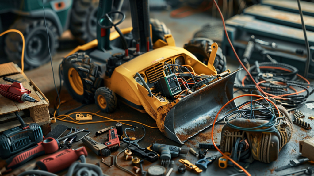 John Deere 250 Skid Steer with a technician diagnosing an electrical issue, using a multimeter to test the battery, fuses, and wiring harness. Includes tools and components scattered around.