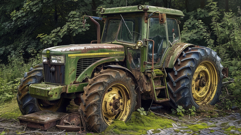 John Deere 2520 tractor with a leaking hydraulic hose, a cracked radiator, and a worn-out clutch. Include tools, parts, and a repair manual.