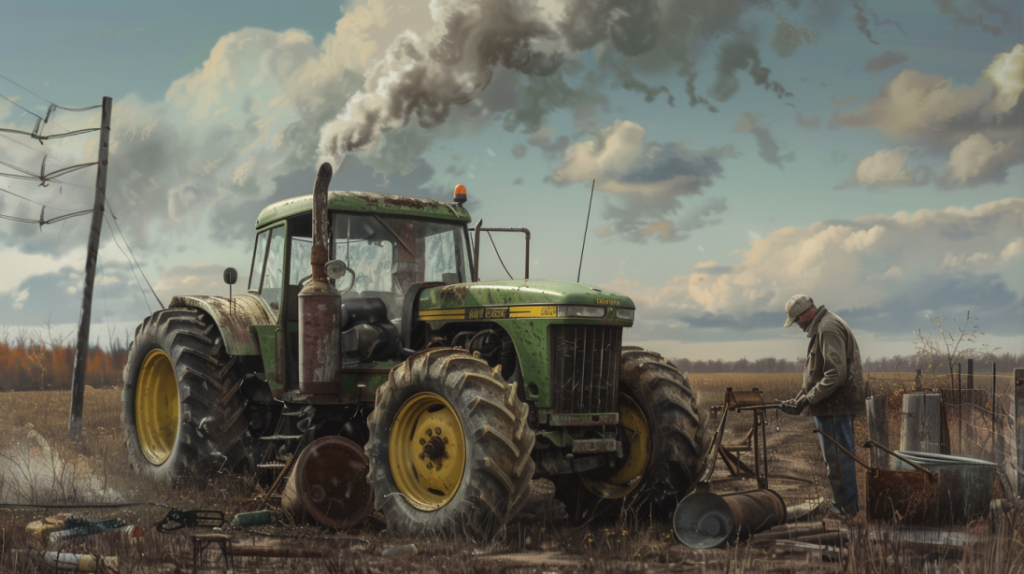 John Deere 2520 tractor with smoke coming from the engine, a leaking oil pan, and a mechanic inspecting the fuel injectors. The background depicts a farm setting.