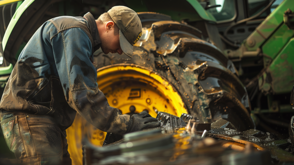 John Deere 2640 tractor with a mechanic inspecting the transmission system. Highlights visual cues like leaking fluid, worn gears, and a diagnostic tool.