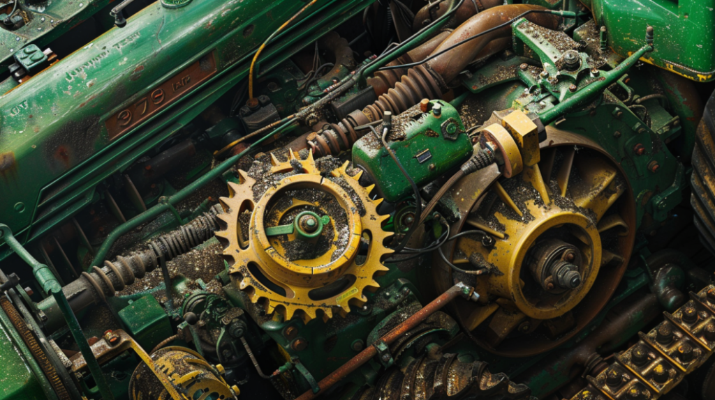 John Deere 2955 tractor with a visibly damaged transmission system. Highlighting specific components like gears, shafts, and hydraulic lines to depict key transmission issues for troubleshooting solutions. 