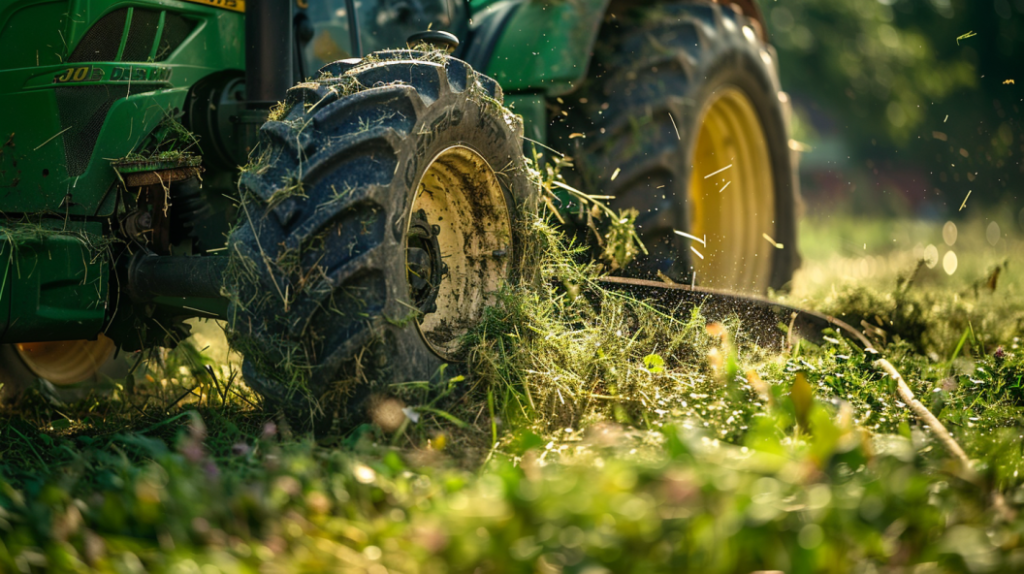 ohn Deere 3025D tractor with a dull, damaged, or misaligned blade causing uneven grass cutting, visible wear marks, or clogging issues. Including a close-up of the blade for troubleshooting and maintenance