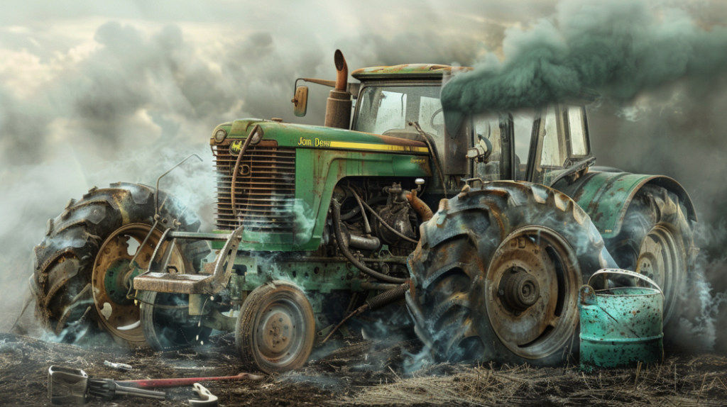 John Deere 3320 tractor with a smoking engine, leaking oil, and overheating. Including tools like a wrench and oil can for troubleshooting and maintenance in a farm setting. 