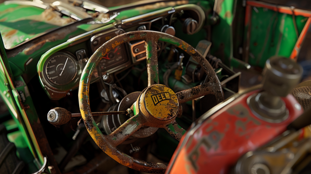 John Deere 3320 tractor with a steering wheel that is difficult to turn, accompanied by a brake pedal that is not responding properly. Includes a mechanic inspecting the steering and brake systems.