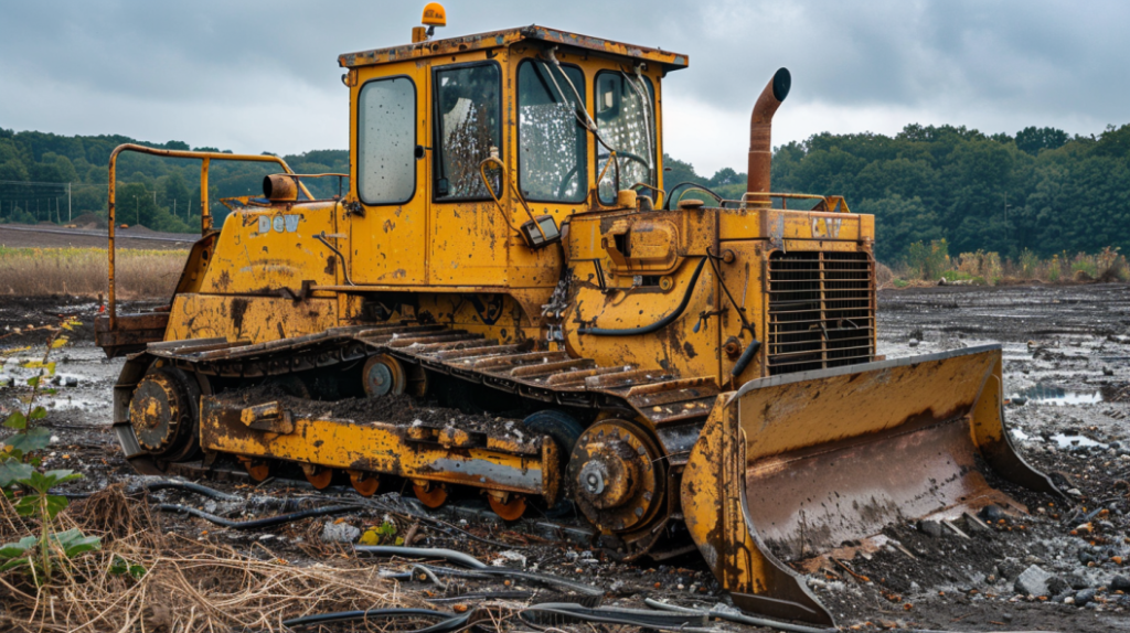 John Deere 350 Dozer parked with the engine off, displaying signs of battery drain issues such as dim lights, a dead battery, and disconnected jumper cables nearby. 