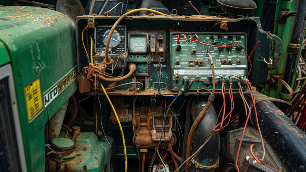 a John Deere 4010 tractor with a flickering dashboard, disconnected wires, and a dead battery. Highlighting the fuse box and burnt wires for a troubleshooting guide on electrical issues. 