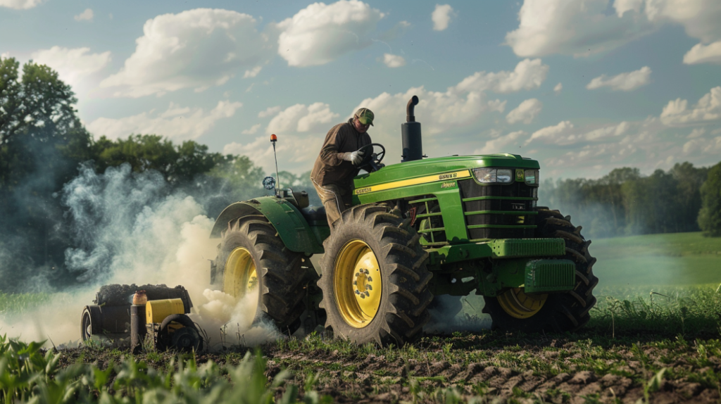 John Deere 4052M tractor with smoke billowing from the engine, a mechanic inspecting spark plugs, and a clean fuel filter, illustrating engine performance issues and solutions.