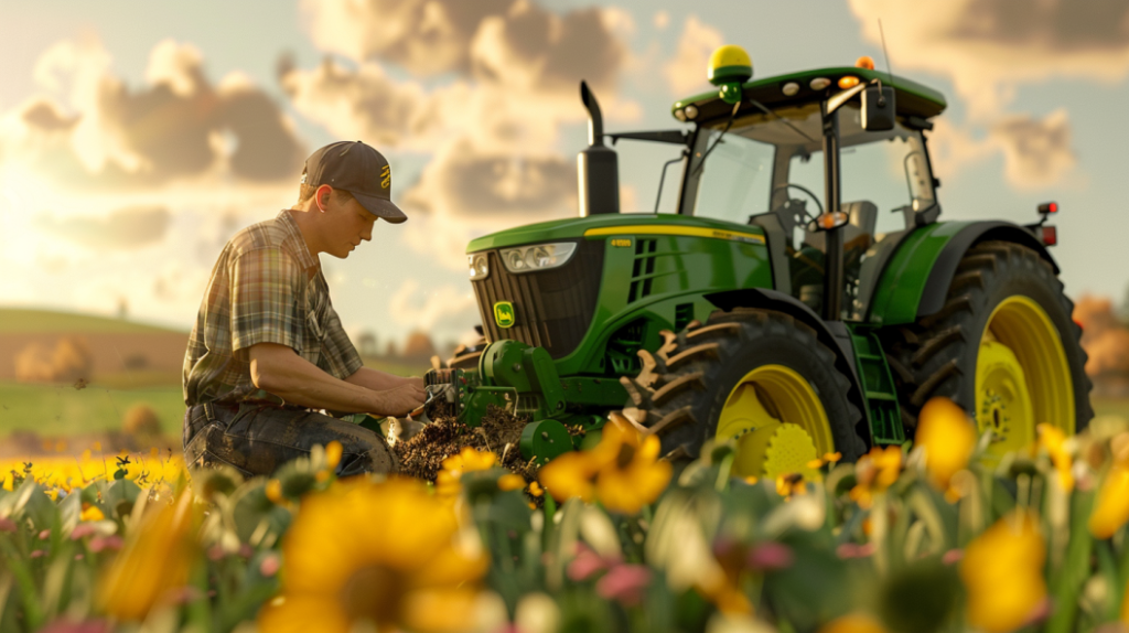 John Deere 4052R tractor with a mechanic inspecting the transmission system. The mechanic is diagnosing and fixing common transmission problems like overheating, leaks, and gear shifting issues.