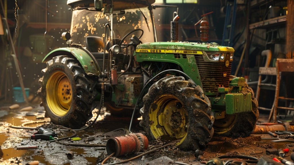 John Deere 4105 tractor with a fuel filter clogged with debris, fuel lines leaking, and a dirty fuel tank. The tractor is in a workshop setting with tools scattered around.