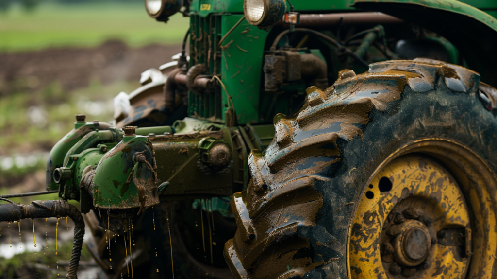 John Deere 4105 tractor with a visible hydraulic system malfunction. Including leaking hoses, a disconnected cylinder, and a lack of fluid in the reservoir for a troubleshooting guide.